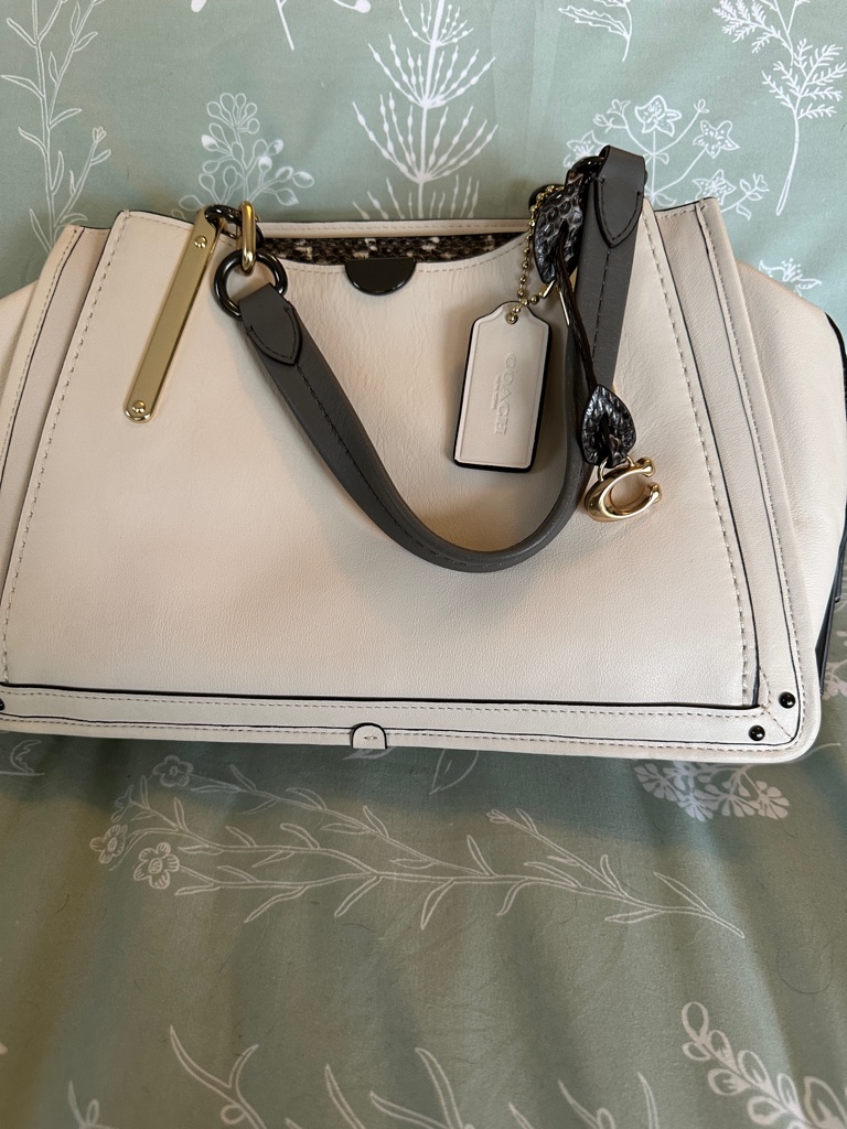 Coach Chalk And Black Pebbled Leather Satchel With Gold Accents